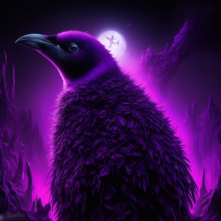 Death metal themed purple colored queen of penguins in a death metal aesthetic styled purple hellscape background, purple hellscape background, Highly detailed, Intricate, Digital painting, Artstation, Concept art, Dark lighting, Sharp focus, Trending on Instagram, art by alex pardee and dan mumford and travis smith and justin bartlett and florian bertmer.