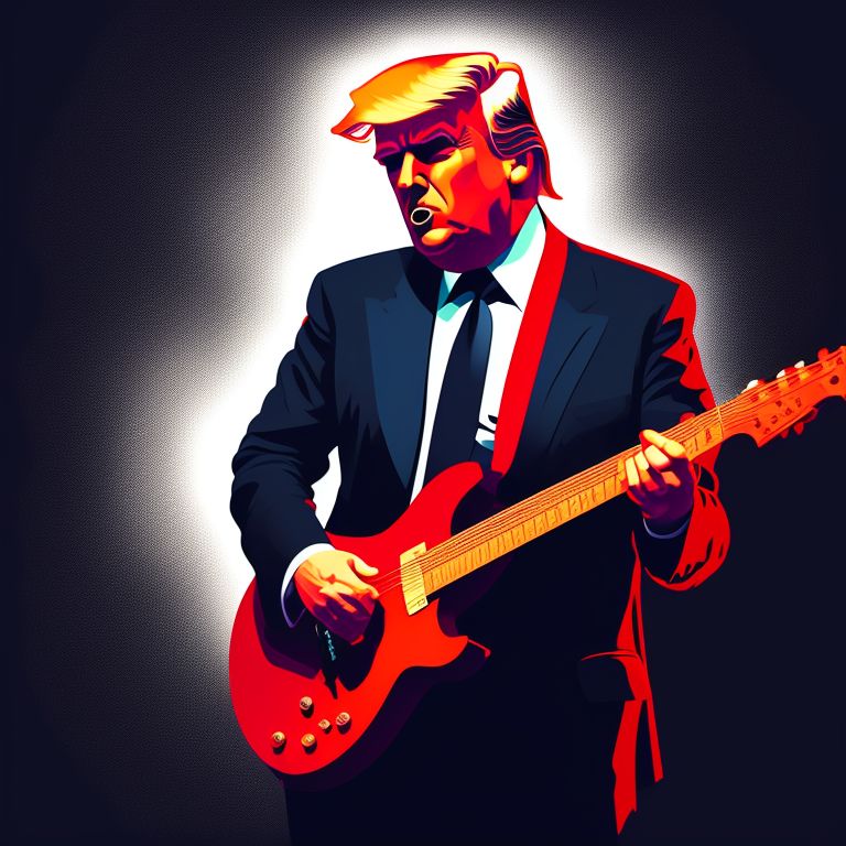 Vector illustration, Flat illustration, Illustration, Donald Trump playing guitar on stage, (((Dark and moody color palette)))