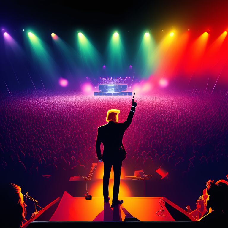 Vector illustration, Flat illustration, Illustration, Donald Trump playing fluteon stage of a rock concert in front of thousands of people

, (((Dark and moody color palette)))