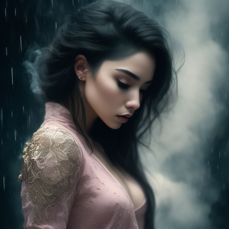 Woman, Perfect anatomy, ultra detailed artistic photography of a beautiful woman, wearing short clothing with gold lines, attractive posing, glamour, wet t-shirt, Wet skin, Wet hair, rain, looking discontent and gloomy, with muted colors, Low contrast, and a somber atmosphere, Moody, Melancholic, Detailed, highly evocative, trending on deviantart, art by loish and magali villeneuve and ross tran, Surrounded by smoke, Black smoke, Lace texture in clothing sleeves, Pink, Comic style, Perfect anatomy, Centered, Approaching perfection, Dynamic, Highly detailed, Artstation, Concept art, Smooth, Sharp focus, Illustration, art by carne griffiths and wadim kashin, Trending on Artstation, Sharp focus, Studio photo, Intricate details, Highly detailed, By greg rutkowski, Pink, Comic style, Perfect anatomy, Centered, Approaching perfection, Dynamic, Highly detailed, Artstation, Concept art, Smooth, Sharp focus, Illustration, art by carne griffiths and wadim kashin, Trending on Artstation, Sharp focus, Studio photo, Intricate details, Highly detailed, By greg rutkowski