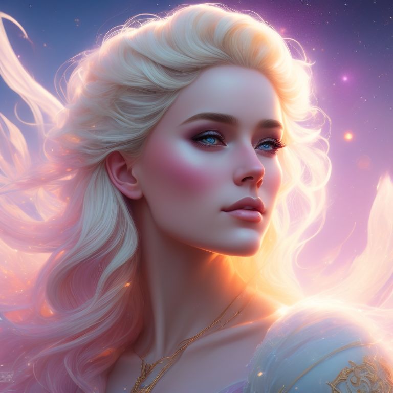 A blonde Goddess who is Jacklyn Marie Reed who is Sasha Marie Supernova, gazing at the sun, with intricate and delicate detailing, Fantasy, Pastel colors, ethereal lighting, Digital painting, art by loish and magali villeneuve and artgerm, trending on artstation.