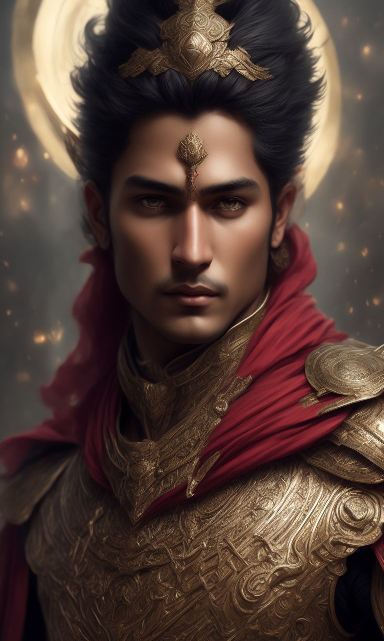 mythological young god of ancient time in indian armour, Realistic, Magical, Portrait, finely detailed wizard cape, Intricate design, red colors, silk, Cinematic lighting, 8k, full length, no deformities, the illustration should be highly detailed, with long flowing hair, the style should be digital painting, with a sharp focus and smooth lines, artists like artgerm, Greg Rutkowski, and thomas kinkade could serve as inspiration, human like eyes, directly looking at camera, standing, battle pose, with a indian clock hanging around his neck, Rendered, Dynamic, Realistic, Magical, Portrait, finely detailed wizard cape, Intricate design, red and yellow colors, silk, Cinematic lighting, 8k, full length, no deformities, the illustration should be highly detailed, with intricate armor and flowing hair, the style should be digital painting, with a sharp focus and smooth lines, artists like artgerm, Greg Rutkowski, and thomas kinkade could serve as inspiration, human like eyes, directly looking at camera, standing, battle pose