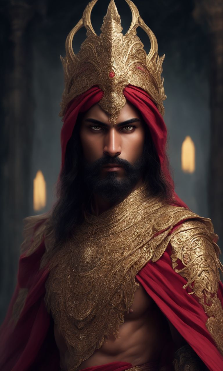mythological young god of ancient time in indian armour and royal turban, Realistic, Magical, Portrait, finely detailed wizard cape, Intricate design, red colors, silk, Cinematic lighting, 8k, full length, no deformities, the illustration should be highly detailed, with long flowing hair, smooth skin with details, with a sharp focus and smooth lines, artists like artgerm, Greg Rutkowski, and thomas kinkade could serve as inspiration, human like eyes, directly looking at camera, standing, battle pose, with a indian clock hanging around his neck, Rendered, Dynamic, Realistic, Magical, Portrait, finely detailed wizard cape, Intricate design, red and yellow colors, silk, Cinematic lighting, 8k, full length, no deformities, the illustration should be highly detailed, with intricate armor and flowing hair, the style should be digital painting, with a sharp focus and smooth lines, artists like artgerm, Greg Rutkowski, and thomas kinkade could serve as inspiration, human like eyes, directly looking at camera, standing, battle pose
