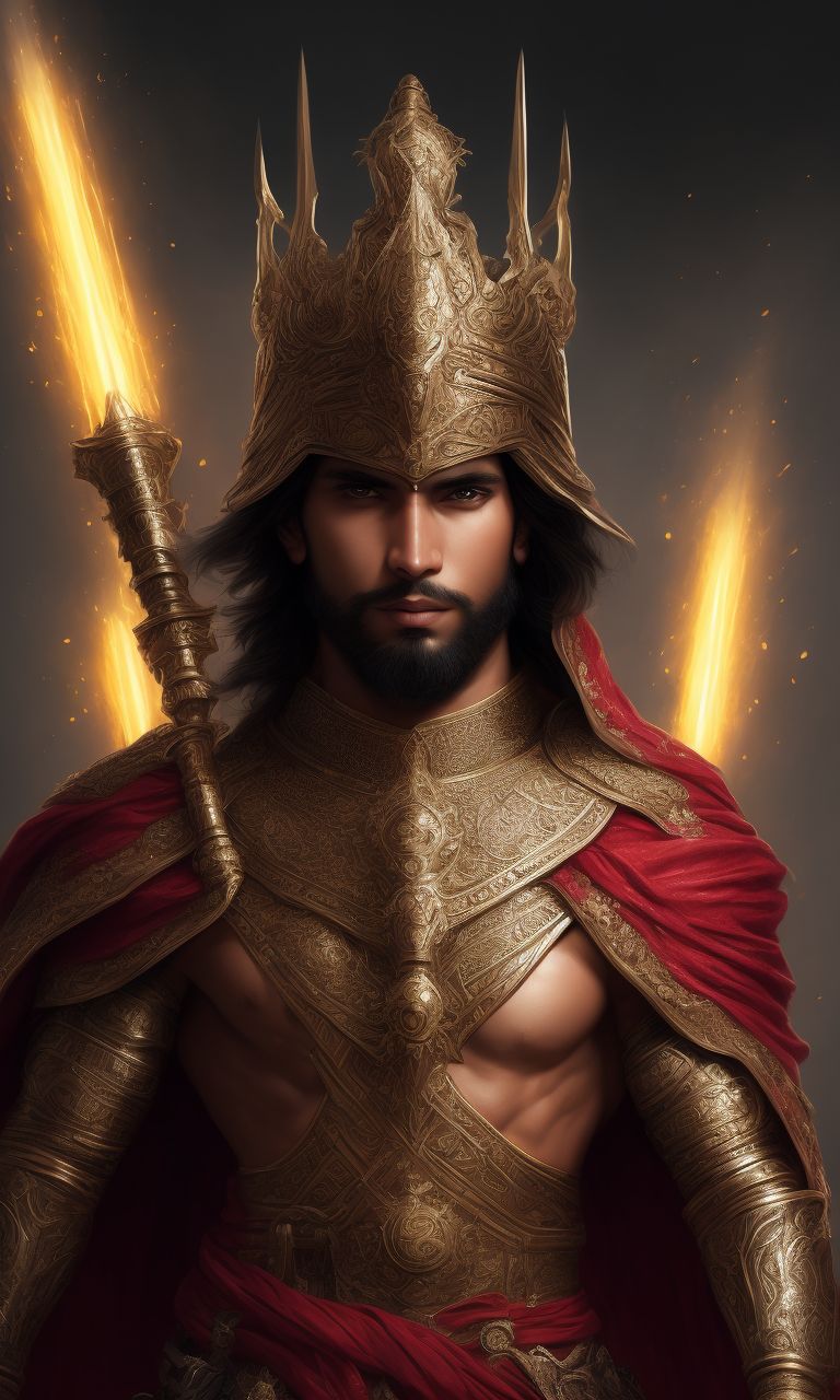 young god of ancient time in indian armour and royal turban, no facial hair, Realistic, holding long sword of lighting, Portrait, finely detailed wizard cape, Intricate design, red colors, silk, Cinematic lighting, 8k, full length, no deformities, the illustration should be highly detailed, with long flowing hair, smooth skin with details, with a sharp focus and smooth lines, artists like artgerm, Greg Rutkowski, and thomas kinkade could serve as inspiration, human like eyes, directly looking at camera, standing, battle pose, with a indian clock hanging around his neck, Rendered, Dynamic, Realistic, Magical, Portrait, finely detailed wizard cape, Intricate design, red and yellow colors, silk, Cinematic lighting, 8k, full length, no deformities, the illustration should be highly detailed, with intricate armor and flowing hair, the style should be digital painting, with a sharp focus and smooth lines, artists like artgerm, Greg Rutkowski, and thomas kinkade could serve as inspiration, human like eyes, directly looking at camera, standing, battle pose