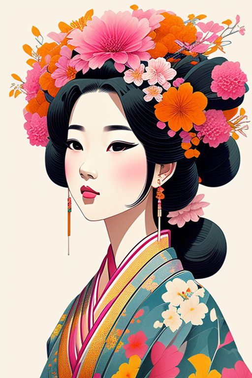 Squirrel_Hunt: a wonderful geisha, wearing a kimono made of flowers