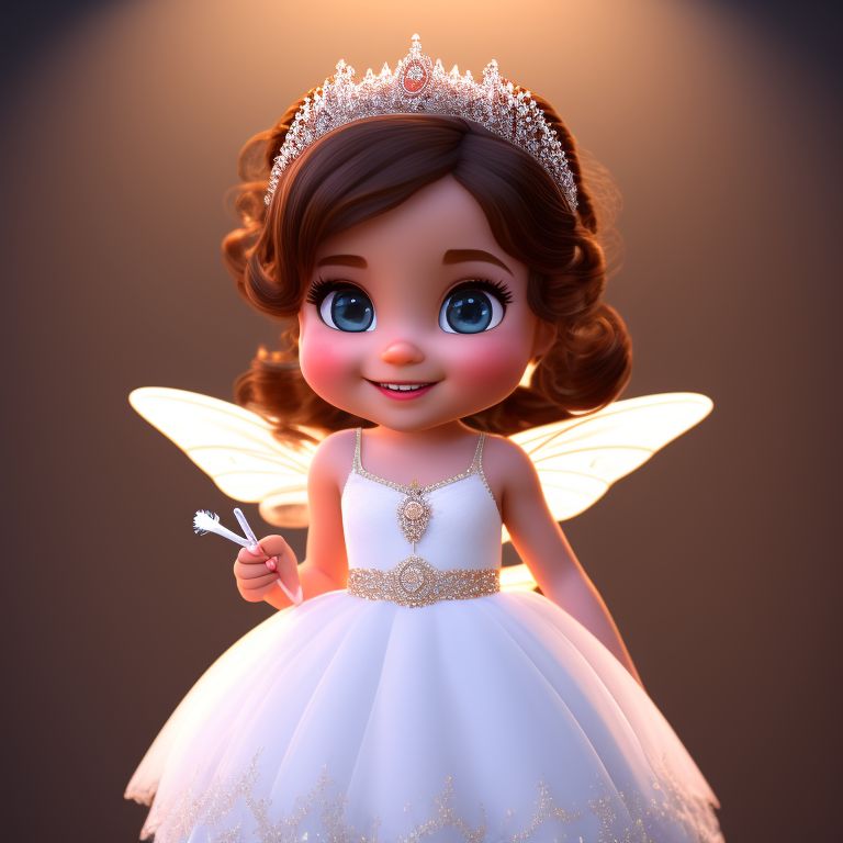 feisty-raven212: Cute tooth fairy, holding a toothbrush, with brown eyes,  happy, with a white and beautiful smile, white dress, disney princess