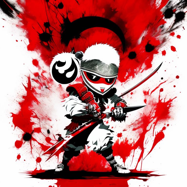 Viera Swordsman with red hair. white and silver clothing. Red and white background. Blood Splatter., Character design, Full body shot, Anime style, manga art, Graffiti art, Inking, Graphic, Masterpiece, Design, Art by Jamie Hewlett, 2d illustration drawing