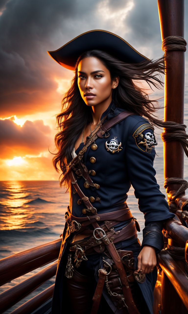 On a ship deck, sea spray, photography taken by canon eos r5, stunning fullbody d&d character art, A fierce happy female pirate captain with glossy black hair stands on the deck of an ancient pirate ship. She wears a black captain's jacket and a small pirate hat with (skull and crossbones details). Waves crash into the ship, sending sea spray into the air and swirling stormclouds rage overhead. The deck of the ship is in the background. , wears very look good outfit, standing, Detailed face, beautiful eyes and hair, flawless bright skin, soft makeup and draw thin eyebrows, Human-like eyes, good anatomy, Perfect white balance, Sun lighting, rim lighting uhd, prime photography, smooth crisp line quality, Vibrant colors, Sharp focus, Highly detailed, Fantasy, epic lighting, intense gaze., intricate leather details
