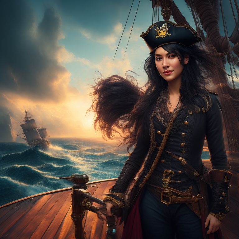 VarnaBrokentree: a fierce female pirate captain with glossy black hair ...