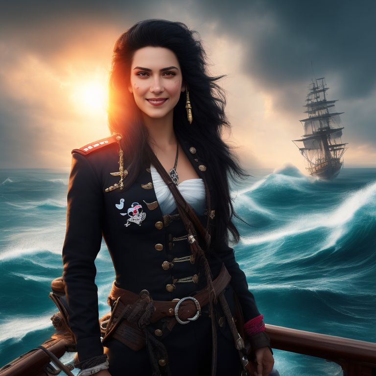 a fierce female pirate captain with jet black hair ((stands on the deck of a pirate ship)), wearing a black leather captain's jacket, a cutlass on her belt. She holds a telescope. She stands in front of the captains wheel. Skull and crossbones details. Intense, happy, joy. , Beautiful smile, on a ship deck, sea spray, storm clouds circle overehead and waves crash against the ship, set in the 1770's, Fantasy, Vibrant colors, Sunlight, Sharp focus, Highly detailed, Trending on Artstation, Dramatic shot, Digital painting