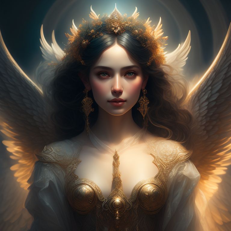Archangel angel jophiel as a nymph of beauty of god, Portrait painting, Warm lighting, Intricate details, Ethereal, magical atmosphere, digital illustration by loish, Artgerm, Greg Rutkowski, Low angle, Sharp focus, trending on artstation hq.