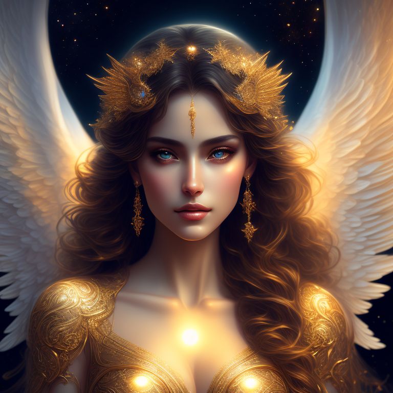 Angel angelic beauty female and most beautiful woman, surrounded by a golden aura, Celestial, Intricate, Glowing, Highly detailed, Portrait, Digital painting, Artstation, Soft Lighting, Fantasy, art by victoria francés and luis royo.