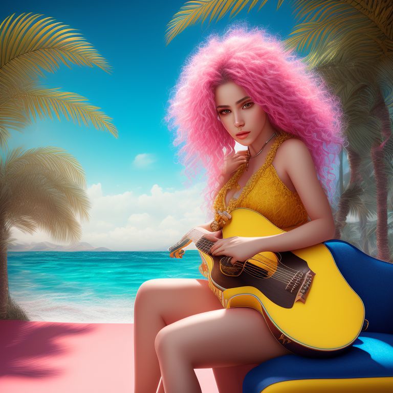 Photo realistic, Intricate details, Centered, Beautiful, Ultra detailed, Sony A7 IV, High Face Detail , Ultra realism, Dramatic shot, Immersive realism, A musician with pink hair, holding a yellow guitar, sitting on a red stool, blue ocean waves in the backdrop, surrounded by palm trees, add the prompts you need to complete your photo., Perfect anatomy, Studio photo, Rich color, Sensual, Fantasy, Photorealistic, Ultra detailed, Vibrant lighting, Realistic textures, Beautiful face, Cute Eyes, Fine details, Intricate details, Full body, Hyperrealistic, Full figure, Supermodel