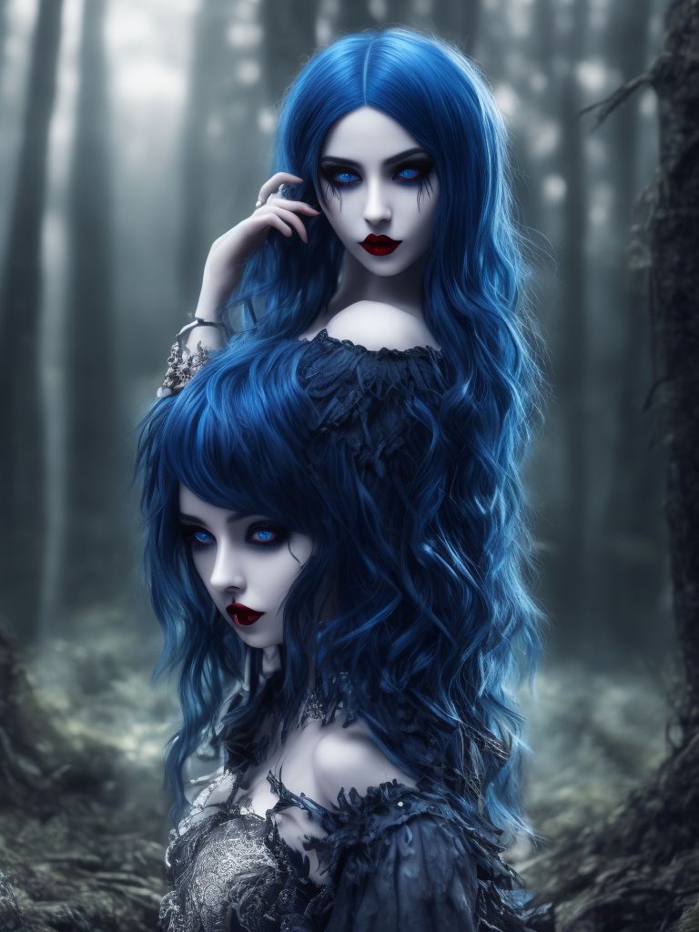 bold-mallard676: pretty goth witch, full body, blue hair, beautiful girl,  dark red lips, realistic skin, hyper detailed, hyper realistic photograph,  high detail, hyper detailed eyes, night forest