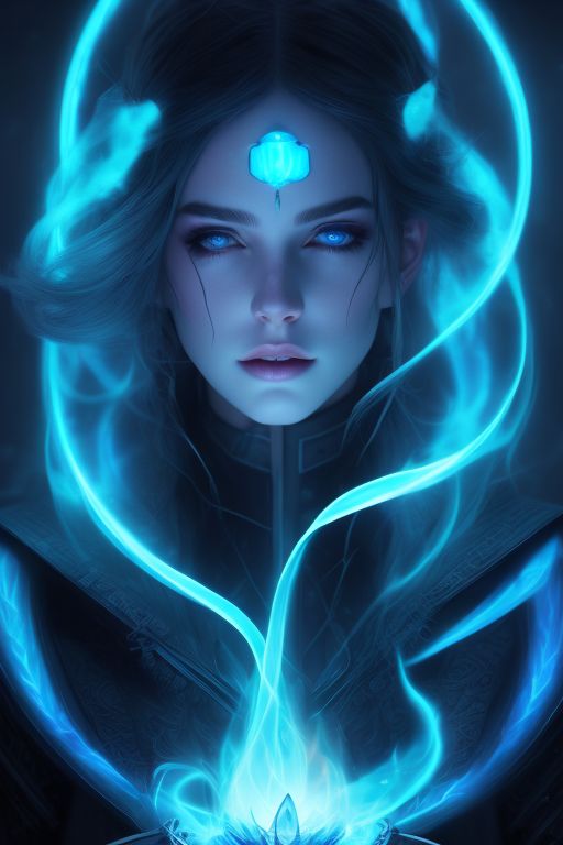 a beautiful female sorcerer with white hair and ((glowing blue)) eyes is casting a ((blue fire)) spell, intense gaze, black clothes, with electric satin ribbon-like structures weaving throughout the scene, creating a complex and intricate pattern, the mood is dreamy and ethereal, with soft lighting and a cyberpunk vibe, highly-detailed digital painting by artists like artgerm and greg rutkowski, trending on artstation and deviantart.