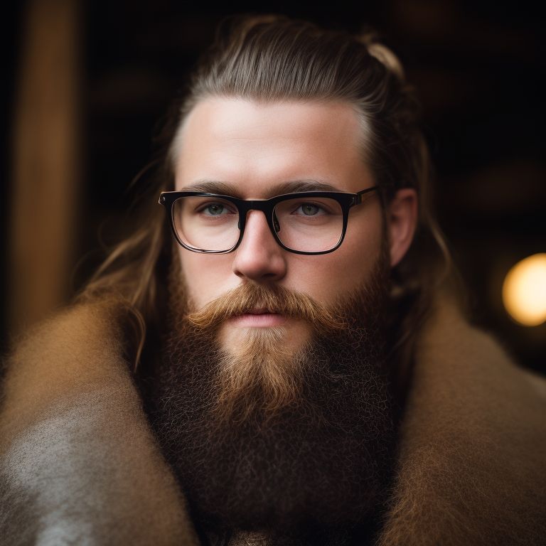 let him sit and give him a big beard and glasses, Stunning portrait of a viking as marketeer with beard and glasses sitting behind a desk , candid photo journalism, sharp bokeh uhd, gritty realistic, warm dappled lighting, in focus low depth of field, 16mm film quality with grain, pantone analog style, Rim lighting, perfect color tones, (imperfect skin quality), skin blemishes, freckles and skin pores, sharp fine details, Extremely detailed, slight sweat on skin