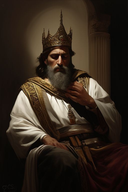 AmigoJC: A painting of King David of Israel wearing a mantle, sitting in a  chair, kneeling in prayer, biblical art, prayer posture, engaged in prayer,  biblical painting, inspired by Carl Heinrich Bloch,
