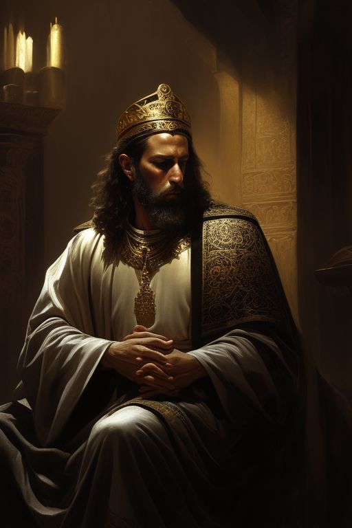 AmigoJC: A painting of King David of Israel wearing a mantle, sitting in a  chair, kneeling in prayer, biblical art, prayer posture, engaged in prayer,  biblical painting, inspired by Carl Heinrich Bloch,