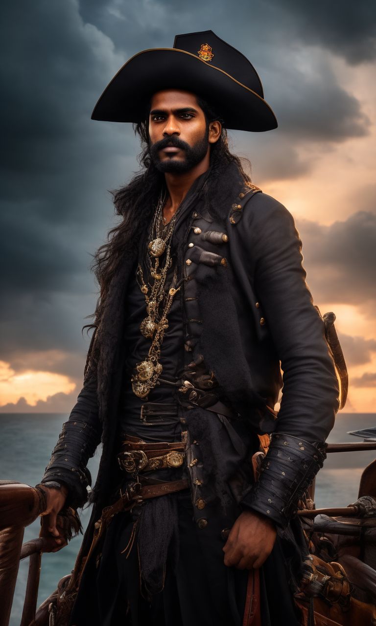 Anglr: A fierce happy kerala male pirate captain with glossy black hair  stands on the deck of an ancient pirate ship. he wears a black captain's  jacket and a small pirate hat