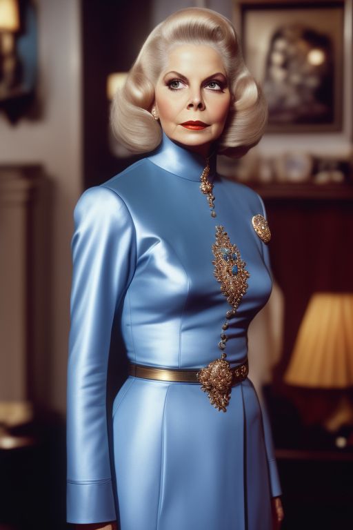 Behold the stunning visage of Barbara Bain the beloved actress who graced our screens in the iconic scifi series "Space 1999" captured in all her radiance from head to toe in this breathtaking full body portrait showcasing her striking form adorned in the resplendent hue of a serene blue uniform, Cinematic, Photography, Sharp, Hasselblad, Dramatic Lighting, Depth of field, Medium shot, Soft color palette, 80mm, Incredibly high detailed, Lightroom gallery