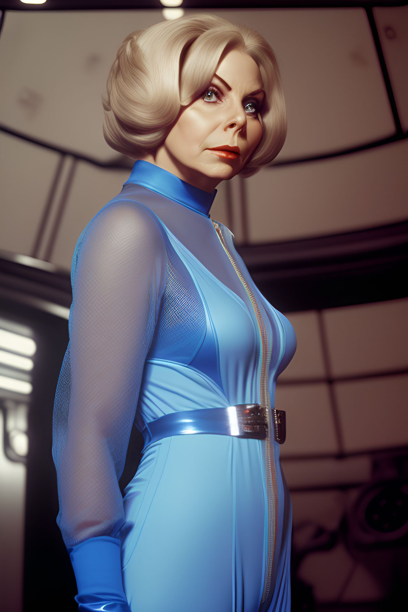 Barbara Bain aged 30 years old from space 1999,wearing a blue mesh jumpsuit, twighlight lighting  unreal engine 5, Cinematic, Photography, Sharp, Hasselblad, Dramatic Lighting, Depth of field, Medium shot, Soft color palette, 80mm, Incredibly high detailed, Lightroom gallery