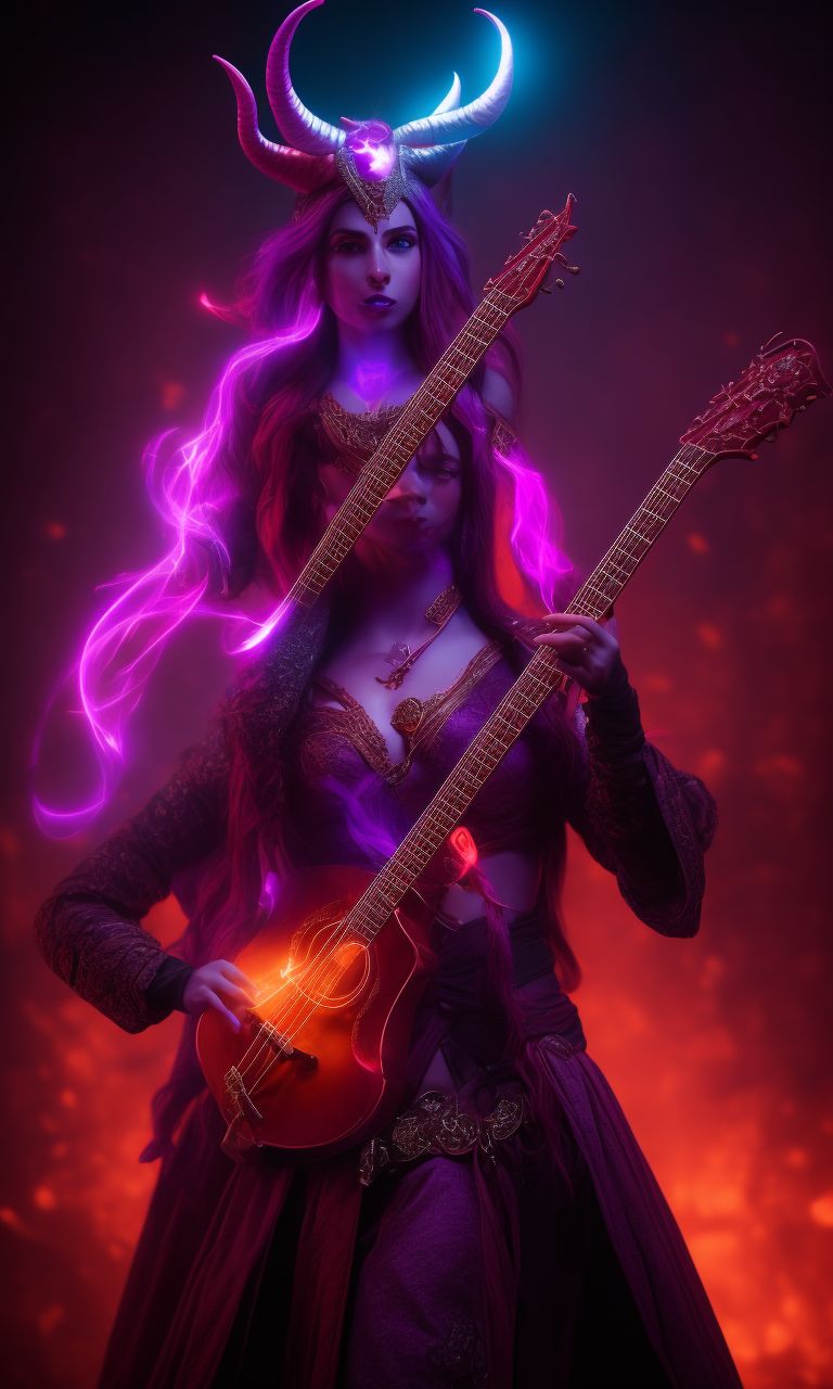  a full body photo of a pretty female ((tiefling)) bard D&D character playing a mandolin, ((Full red skin color)), purple glowing spell, bright purple eyes, glowing purple musical notes floating arround, cinematic light, highlights bloom blurred, Photo realistic, 8k