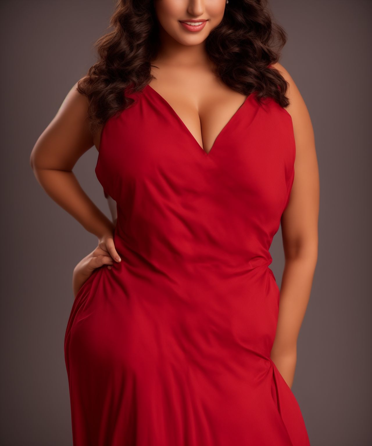 fancy-corgi339: woman with very short nightgown without underwear. red  cotton dress up half thighs with a tastefully very deep-cut neckline that  highlights her huge chest . Her big chest is shown. the