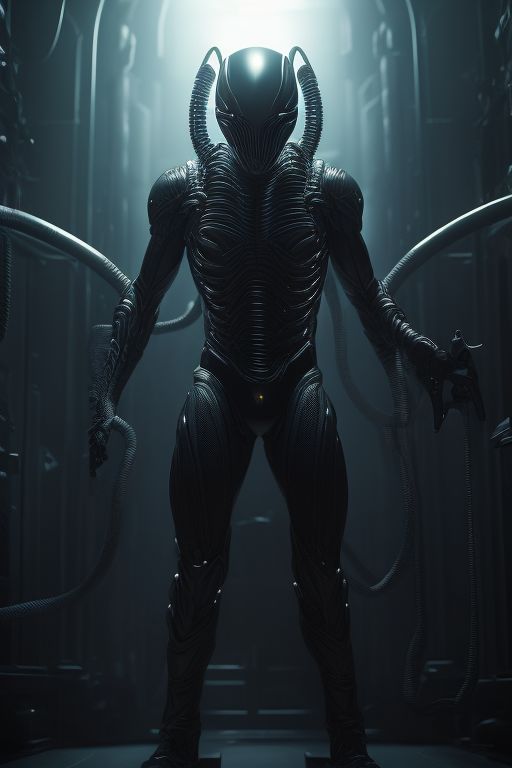 Modern, 2020s, detailed cinematic shot from, realistic cinematic scene, Prometheus engineer fighting a xenomorph in the style of a vinatge 1980s marvel comic and hr giger art style, full body shot of showing detailed intricate work, shot in the style of  wes anderson and stephen king, oscar winning photography, striking image captures, meticulous attention, stunning costume design