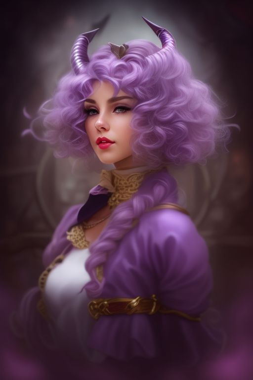 Young woman with horns on head, curly lilac short hair and pirate clothing, Dnd, Dungeons and dragons portrait, Curly hair, Curly bob hairstyle, 2 Small horns on head