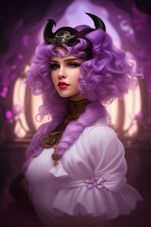 Young woman with horns on head, curly lilac short hair and pirate clothing, Dnd, Dungeons and dragons portrait, Curly hair, Curly bob hairstyle, 2 Small horns on head