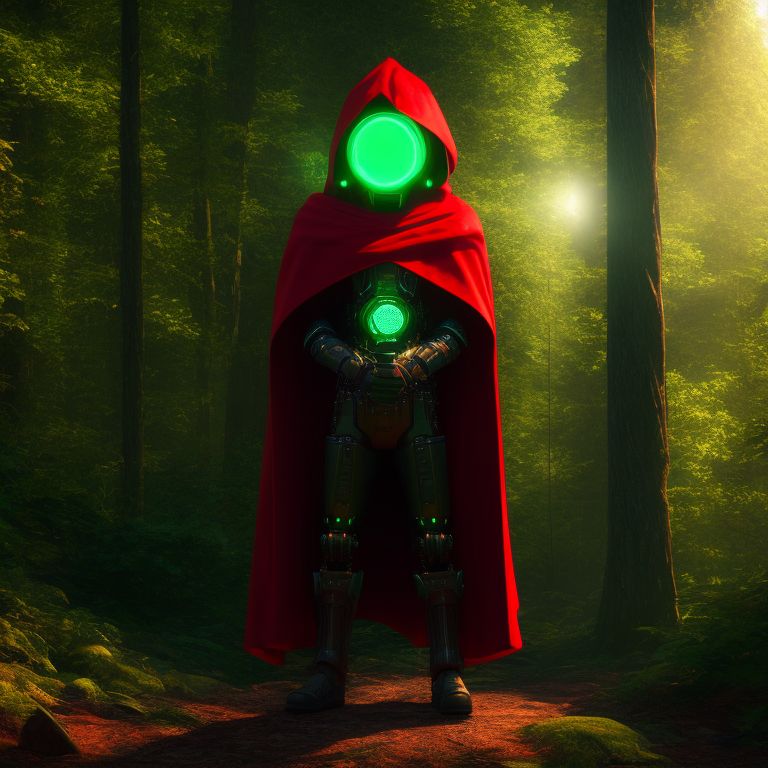 standing centered, Pixar style, 3d style, disney style, 8k, Beautiful, Steampunk robot Man in a tattered red cloak with glowing green goggles in the woods, 3D style rendered in 8k using beautiful Disney like animation