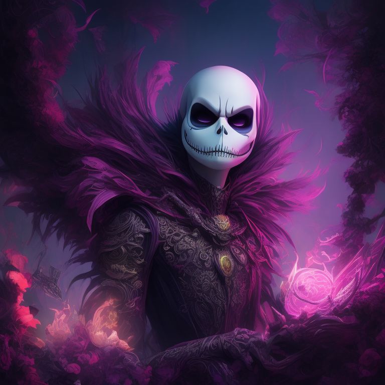 jack skellington with a devil pose and purple colors in the background like neon lights and his head would be so dark, set against a background of vibrant purple neon lights, the scene is eerie yet whimsical, filled with intricate details, and highly stylized, digital painting techniques bring a smooth and sharp focus to the illustration, capturing every nuance of this iconic character, art by the likes of artgerm, Mandy Jurgens, Boris Vallejo, or greg rutkowski would be the perfect fit for this fantastical and vividly imaginative artwork.
