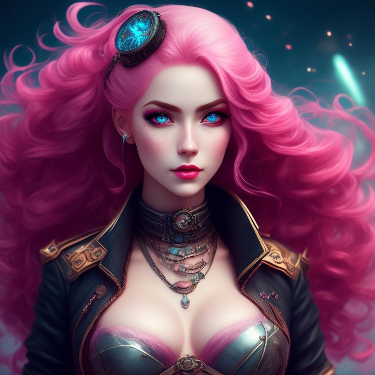 Pink haired girl, blue eyes, retro steampunk, badass, leauge of legends, art station, 16k resolution