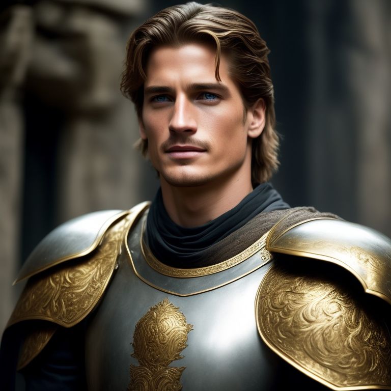 zany-ape528: Young Jaime Lannister is a tall, handsome man, with curled  hair the color of beaten gold. He has cat-green eyes, and a sharp smile. He  is very fit and extremely strong.