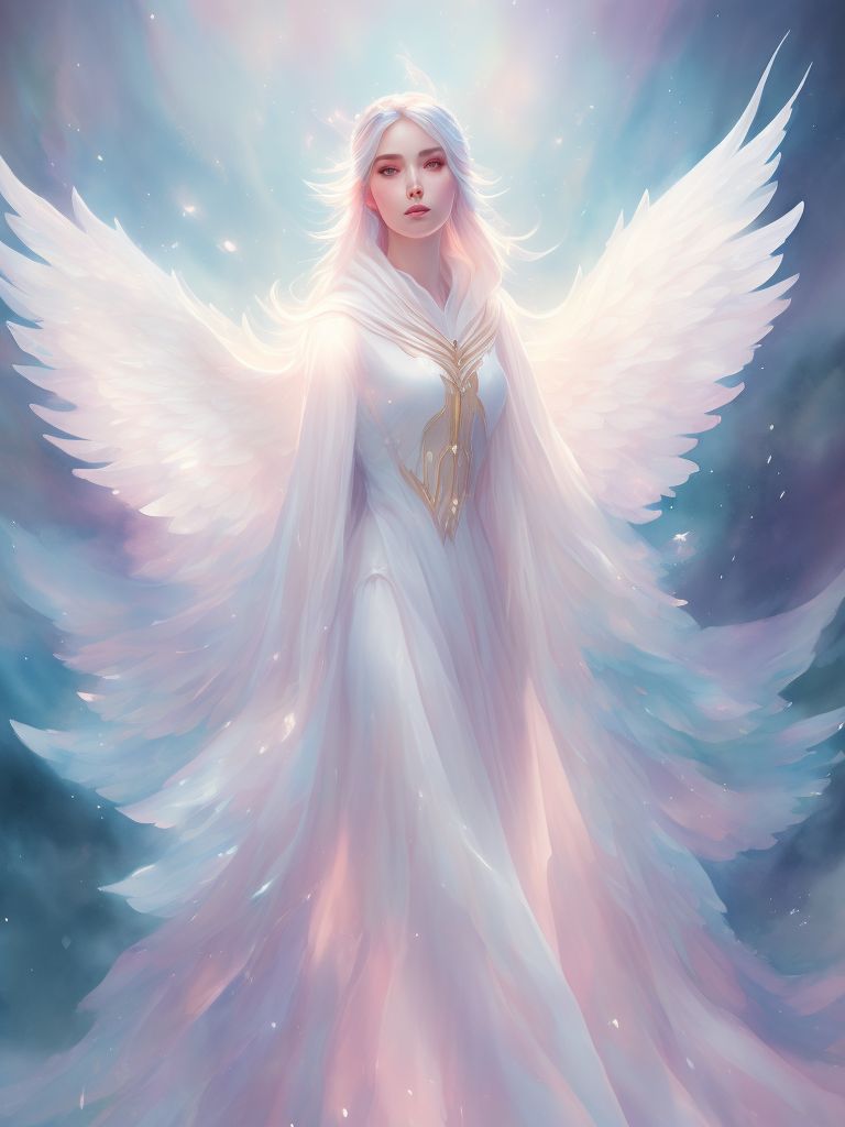 Archangel haniel grace of joy with cape and hood, Soft Lighting, Watercolor style, Ethereal, Pastel colors, angelic wings, Digital painting, Trending on Artstation, art by loish and artgerm.
