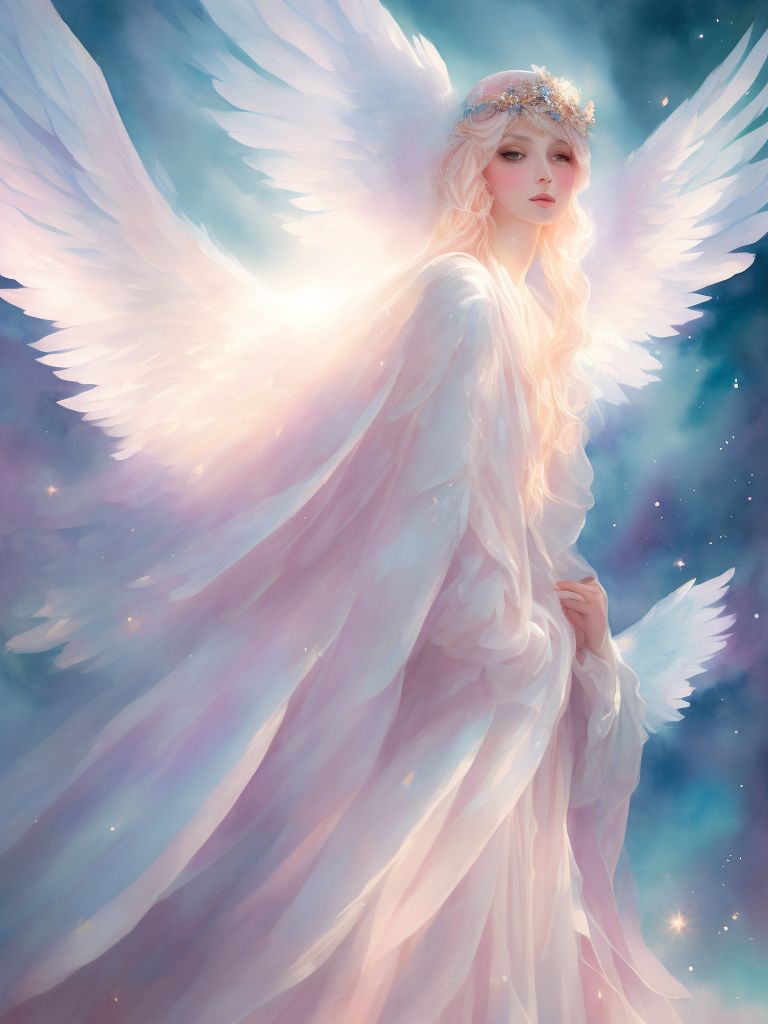 Archangel haniel grace of joy with cape and hood and robe jews, Soft Lighting, Watercolor style, Ethereal, Pastel colors, angelic wings, Digital painting, Trending on Artstation, art by loish and artgerm.