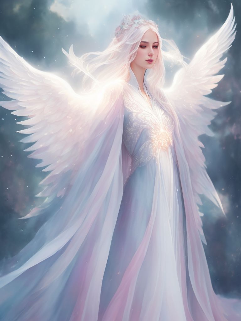 Archangel haniel grace of joy robe dress and long sleeve and cape hood, Soft Lighting, Watercolor style, Ethereal, Pastel colors, angelic wings, Digital painting, Trending on Artstation, art by loish and artgerm.