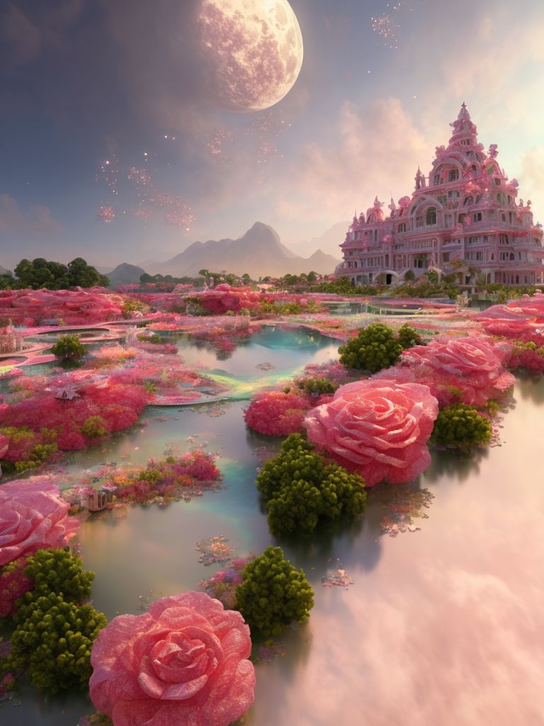 *Amazing palace,paradise, sapphire,ruby,crystal,jade,surreali
sm,pink rose,flower,fantasy,movie epic effect, exquisite, ultr
a wide feld of view,CG rendering3D, realism, detail, HD, ma
chinery, moon, sky and stars, pond, realism, redshift renderi
ng, CGl, 3D, ultra detail, realistic, 8K, masterpiece, function
artstation,ultral wide angle , 16k resolution, HD, HDR, Hyperrealistic, hyperdetailed, Digital art, Dramatic Lighting, Cinematic lighting, Dynamic lighting, Photorealistic , Photorealistic concept art, Concept art, Digital painting, Gustav Klimt, Acrylic paints, Art by Monet, Rococo drawing style, Rococo, 3d render, Expressionism, Unreal Engine 5, Masterpiece , vibrant, Sharp focus, Intricate, Elegant, Pen and Ink, Van Gogh, Papercraft, Psychedelic, Psychedelic holographic, Psychedelic floral, Seapunk, Mosaic art, Pop surrealism, Retro, Retrofuturistic, Sci-fi, Pixiv fantasia , Featured on Pixiv, Mystical, Dot art, Novelistic, Post apocalyptic, Futuristic, Vintage, Surrealism, Landscape wallpaper, Abstract, A, Pastel painting, pastel, pastelcore, 8k, 4k, 16K, Oil painting, Magical