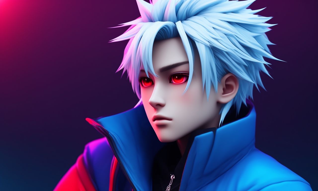 Tr1ck3y: slick back hair. white hair. cave background. mining for diamonds.  minecraft. fighting mobs. gradient color jacket. blue and red jacket.  silver color eyes.