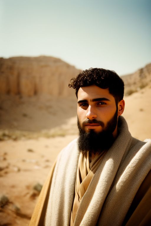 Gritty portrait, young jewish man, levite priest of biblical times, typical jewish priest clothing of the time of moses, collapsed on the ground, 
, looking into the distance, Retro, Polaroid, kodak gold portra, Unsplash, award winning photography, grain and noise