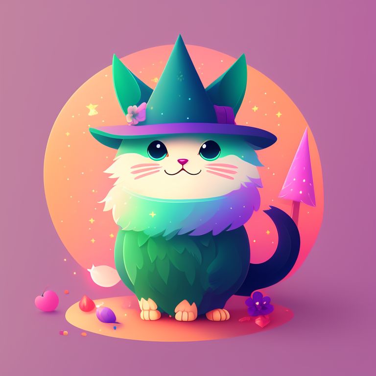 Vector illustration, Flat illustration, Illustration, A cute wizard cat wearing a magical hat, Trending on Artstation, Popular on Dribbble, Cozy wallpaper, Pastel colors