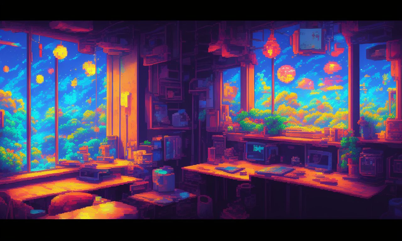 a pixel art 16 bit painting of, SNES style, Lofi empty interior. window view of a night city, Anime, manga style. Colorful study lo-fi desk. Cozy chill vibe. Hip-hop atmoshperic., in the background, in an anime film, stylized digital illustration, detailed digital illustration, Colorful, detailed digital artwork, in style of digital illustration