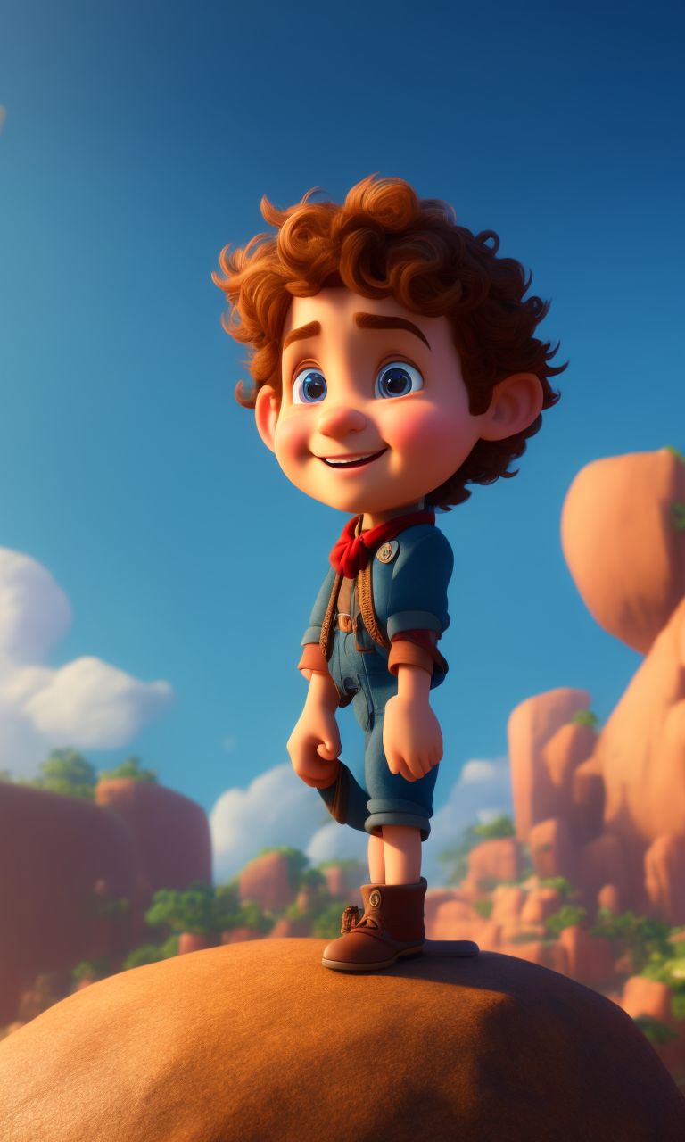 large-boar644: Ted is a young adventurer similar to Indiana Jones,  creative, and kind-hearted person with long, curly blonde hair, big eyes,  small nose, and a smiling mouth, standing centered in 3D style