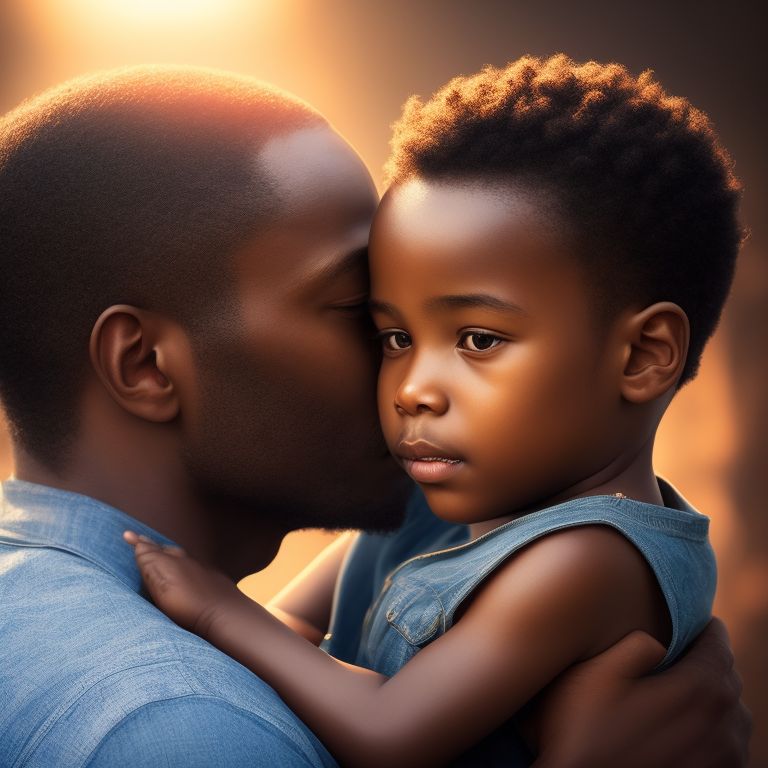 Create an animated image of a father and child sharing a warm, comforting hug. The image should be heartwarming and convey a sense of love and comfort. The father and child should be in the center of the image, with the father's protective arms around the child. The lighting should be soft and warm, creating a cozy atmosphere. The colors should be soothing and calming, with a focus on the father and child. The image should be shot with a high-resolution camera, using a close-up, with intricate patterns, Warm lighting, contrast, Realistic, oil painting style, Digital art, by african artists on artstation, trending, Highly detailed, Sharp focus, portrait.