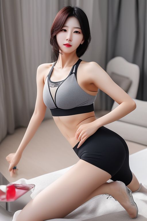 graceful-frog15: Create a stunning beautiful evil Korean 35-year-old lady  wearing a thin sports bra sweating posing visible abs bare thighs