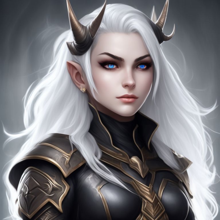 kind tiefling paladin female with white hair, pale gray skin, and small black downward-curling horns, pale gray skin, and small black downward-curling horns