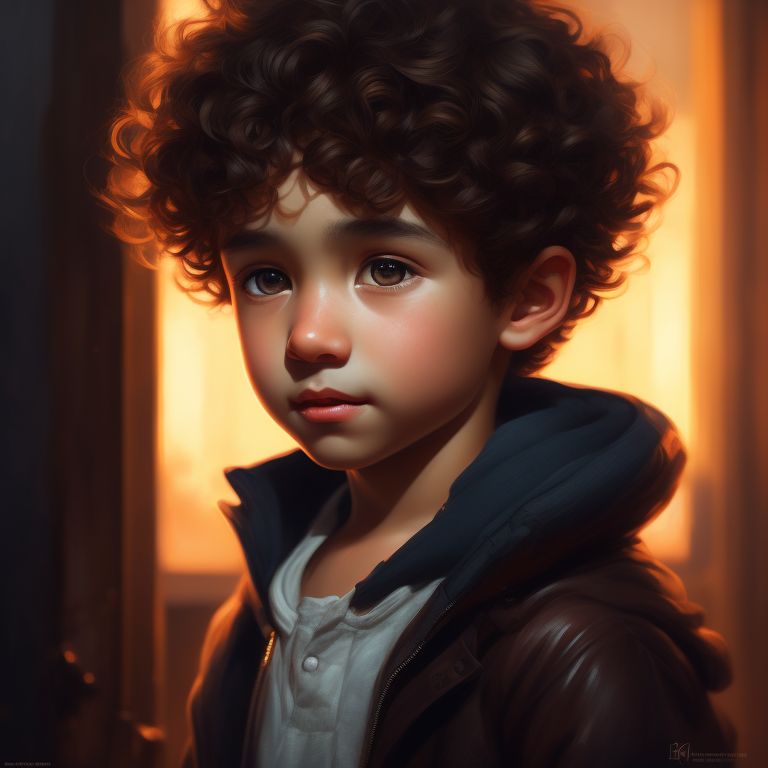 Curly brown hair boy short, with a mischievous expression on his face, against a dark background, Highly detailed, Digital painting, Artstation, trending, Warm lighting, by artists loish, Sakimichan, and artgerm.