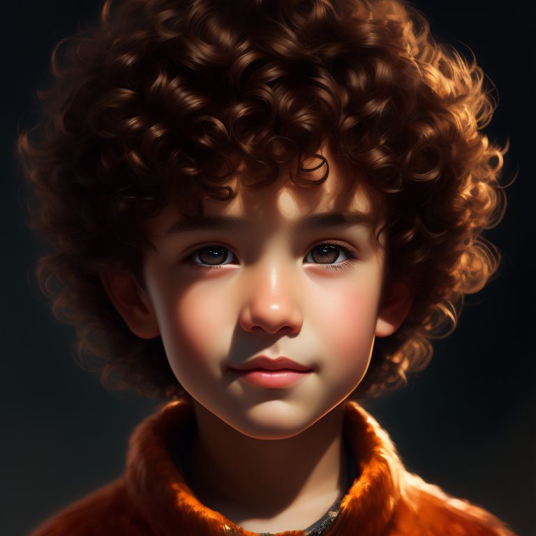 Curly brown hair short, with a mischievous expression on his face, against a dark background, Highly detailed, Digital painting, Artstation, trending, Warm lighting, by artists loish, Sakimichan, and artgerm.