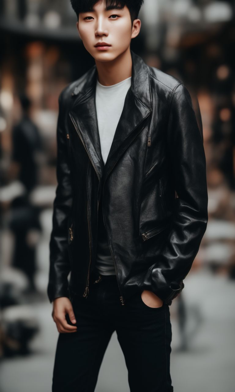 thick-squid239: full body picture of a young handsome korean man, wearing a  black leatherjacket and blue jeans, standing in the streets of seoul  photgraphed in a way of streetstyle blogs