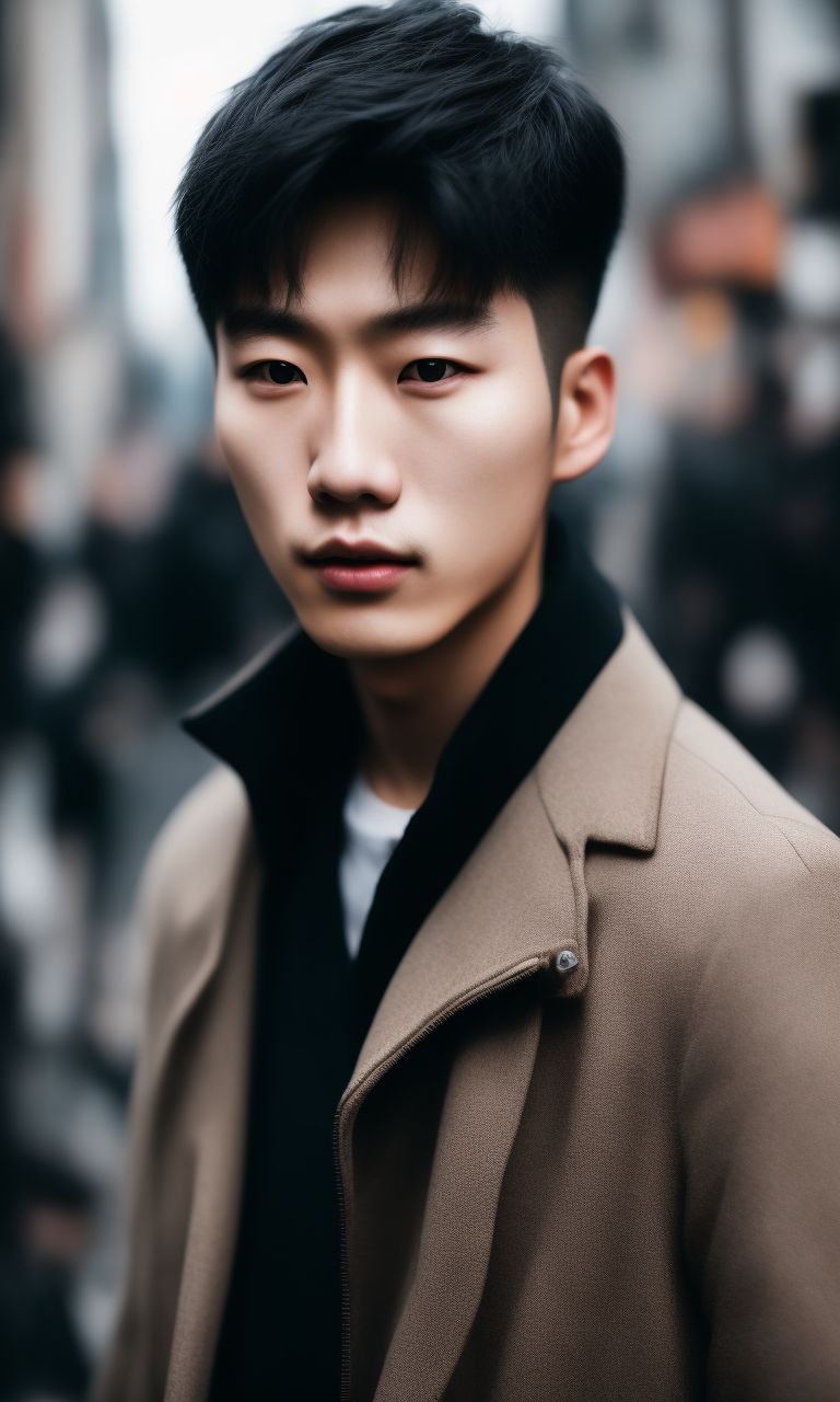 thick-squid239: full body picture of a young handsome korean man, wearing a  black leatherjacket and blue jeans, standing in the streets of seoul,  photgraphed in a way of streetstyle blogs, posing for